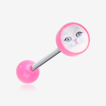 Mystic White Kitty Cat Acrylic Top Barbell Tongue Ring-Pink